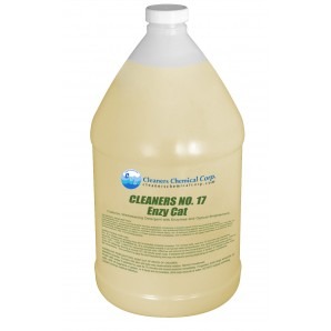 A large, translucent gallon jug of Cleaners No. 17 Enzy Cat liquid. The label displays product information and a blue and green logo, suggesting cleaning use.