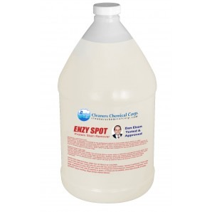 Gallon bottle of Enzy Spot Protein Stain Remover by Cleaners Chemical Corp, featuring text and a small circular logo with blue and white elements.