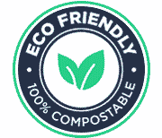 Eco-friendly label highlighting 100% compostable products