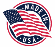 Circular logo featuring an American flag with the text "Made in USA,"