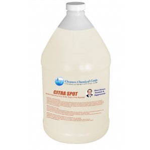 Plastic gallon jug labeled "Citra Spot" from Chemspec Chemical Corp. Contains dry cleaning fluid, with text and a small graphic of a person on the label.