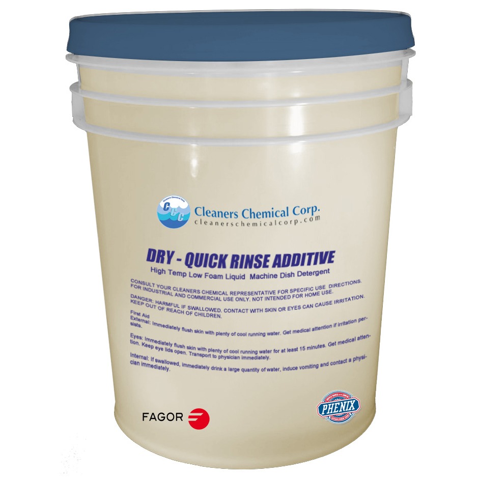 Container of "Dry - Quick Rinse Additive," a high-temperature, low-foam liquid dish detergent