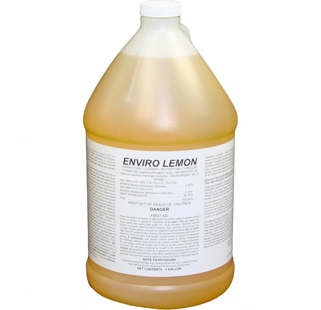 A gallon container of Enviro Lemon cleaner, labeled as a disinfectant and deodorizer with safety warnings and ingredient details prominently displayed.