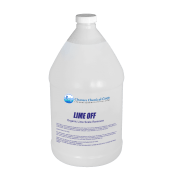 A white gallon jug with a label that reads "Lime Off" against a black background. The container is upright, indicating it's a cleaning product.