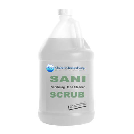 Clear plastic jug of SANI Sanitizing Hand Cleaner Scrub, designed for effective hand sanitation