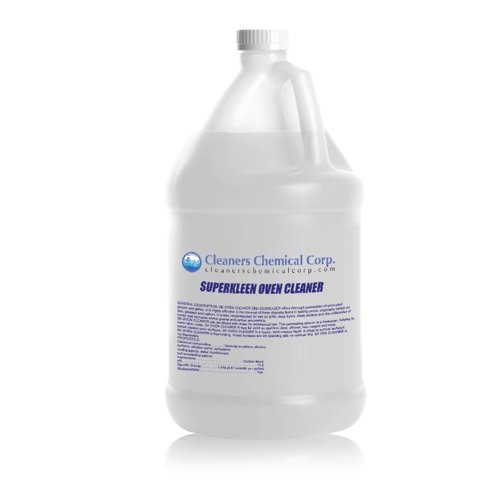 SuperKleen Oven Cleaner gallon container, featuring label details and instructions