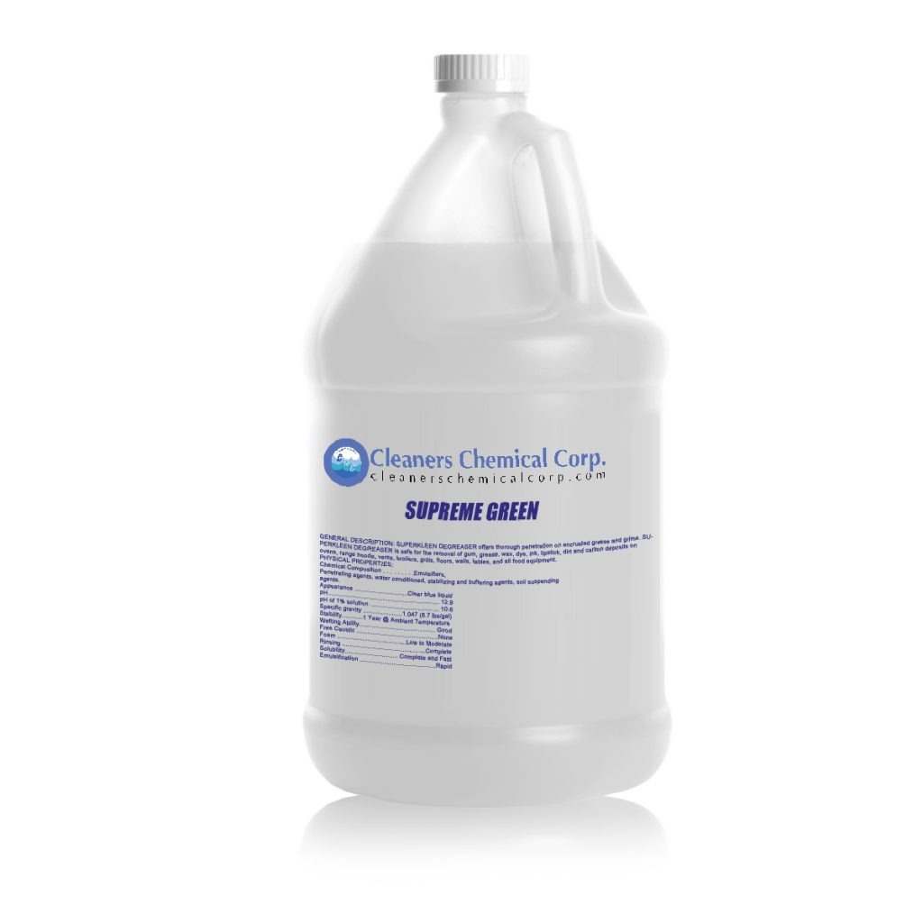 A gallon jug labeled "Supreme Green" from Cleaners Chemical Corp, promoting eco-friendly cleaning solutions