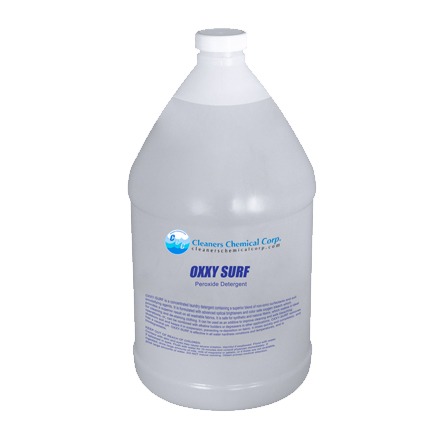 Clear plastic gallon container labeled "OXXY SURF Peroxide Detergent," indicating a cleaning product for effective surface sanitation.