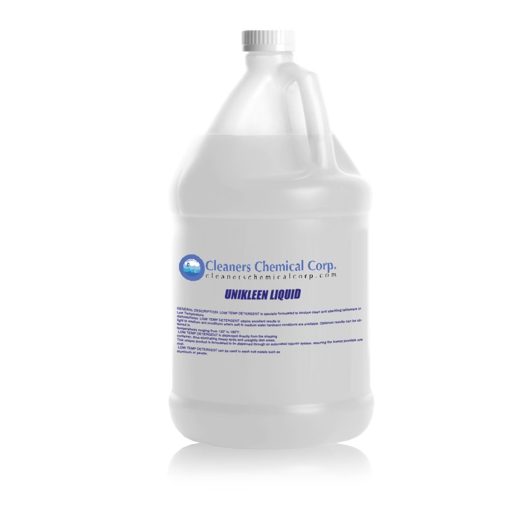 Clear gallon container of Unikleen liquid detergent from Cleaners Chemical Corp