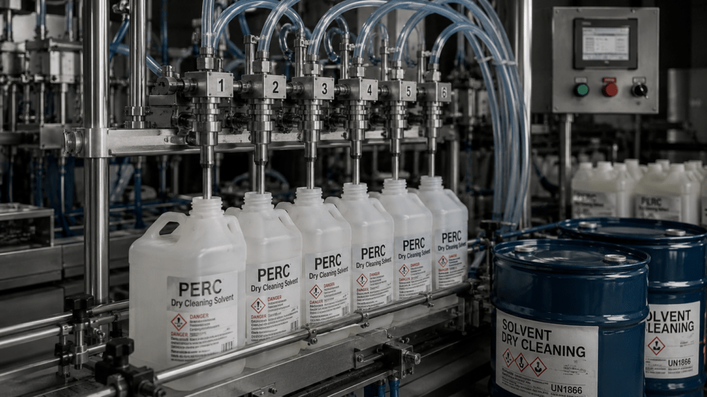 Assembly line with bottles labeled "PERC Dry Cleaning Solvent" being filled, surrounded by blue hoses and drums marked "Solvent Dry Cleaning." Industrial setting.
